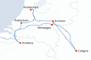 Carte de l'itinéraire de croisière Cologne-Cologne d'une durée de 7 jours