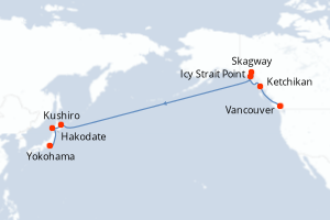 Carte de l'itinéraire de croisière Vancouver-Yokohama d'une durée de 17 jours