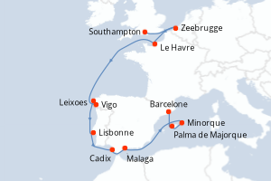 carte itinéraire croisière Méditerranée 11 jours au départ du port de Southampton