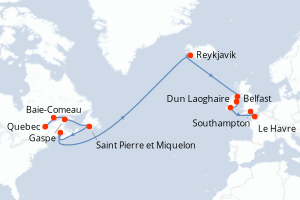 carte itinéraire croisière Europe du Nord 16 jours au départ du port de Quebec
