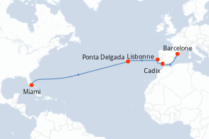 carte itinéraire croisière Transatlantique 12 jours au départ du port de Barcelone