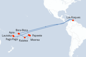 Carte de l'itinéraire de croisière Papeete-Savusavu d'une durée de 14 jours