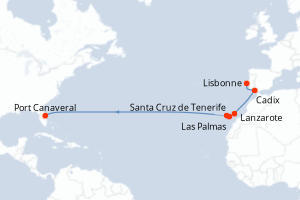 carte itinéraire croisière Caraïbes Bahamas 13 jours au départ du port de Lisbonne