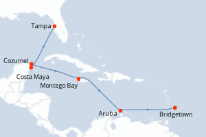 Carte de l'itinéraire de croisière Bridgetown-Tampa d'une durée de 9 jours
