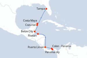 carte itinéraire croisière Riviera Mexicaine 10 jours au départ du port de Tampa