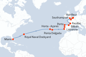 carte itinéraire croisière Transatlantique 22 jours au départ du port de Miami
