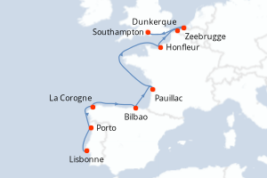 carte itinéraire croisière Europe du Nord 10 jours au départ du port de Lisbonne