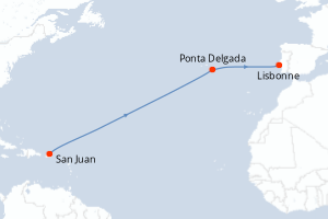 Carte de l'itinéraire de croisière San Juan-Lisbonne d'une durée de 12 jours