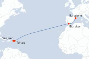 Carte de l'itinéraire de croisière Barcelone-San Juan d'une durée de 13 jours