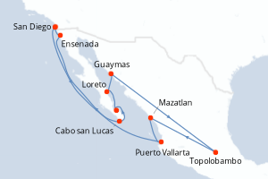 carte itinéraire croisière Riviera Mexicaine 12 jours au départ du port de San Diego