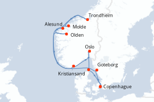 carte itinéraire croisière Fjörds norvégiens 12 jours au départ du port de Copenhague