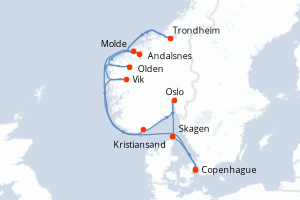 carte itinéraire croisière Fjörds norvégiens 12 jours au départ du port de Copenhague