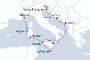carte itinéraire croisière Sicile 12 jours au départ du port de Monaco Monte-Carlo
