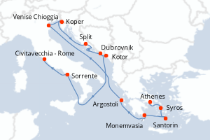 carte itinéraire croisière Méditerranée 14 jours au départ du port de Athenes