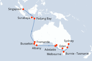 carte itinéraire croisière Australie Nouvelle Zélande 19 jours au départ du port de Singapour