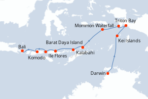 Carte de l'itinéraire de croisière Darwin-Bali d'une durée de 12 jours