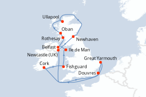 Carte de l'itinéraire de croisière Douvres-Douvres d'une durée de 14 jours