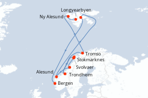 carte itinéraire croisière Fjörds norvégiens 7 jours au départ du port de Longyearbyen