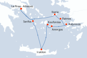 Carte de l'itinéraire de croisière Le Piree - Athenes-Le Piree - Athenes d'une durée de 7 jours