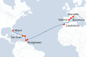 carte itinéraire croisière Transatlantique 20 jours au départ du port de Marseille