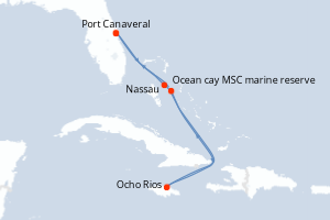 carte itinéraire croisière Caraïbes Bahamas 7 jours au départ du port de Port Canaveral