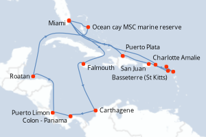 carte itinéraire croisière Caraïbes Bahamas 21 jours au départ du port de Miami