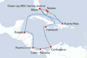 carte itinéraire croisière Caraïbes Bahamas 18 jours au départ du port de Miami