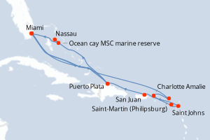 carte itinéraire croisière Caraïbes Bahamas 17 jours au départ du port de Miami