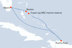 Carte de l'itinéraire de croisière Miami-Miami d'une durée de 7 jours