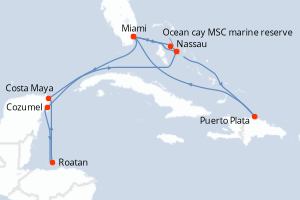 carte itinéraire croisière Caraïbes Bahamas 14 jours au départ du port de Miami