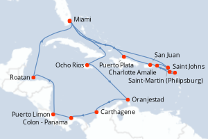 carte itinéraire croisière Caraïbes Bahamas 21 jours au départ du port de Miami
