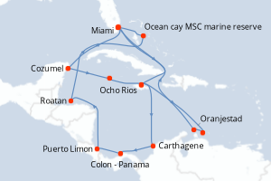 carte itinéraire croisière Caraïbes Bahamas 21 jours au départ du port de Miami