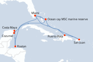 carte itinéraire croisière Caraïbes Bahamas 14 jours au départ du port de Miami