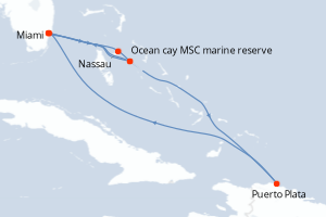 carte itinéraire croisière Caraïbes Bahamas 8 jours au départ du port de Miami
