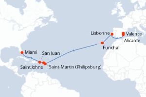 carte itinéraire croisière Transatlantique 16 jours au départ du port de Valence