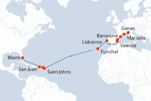 carte itinéraire croisière Transatlantique 19 jours au départ du port de Genes