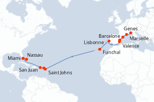 carte itinéraire croisière Transatlantique 22 jours au départ du port de Genes