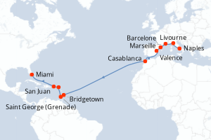 Carte de l'itinéraire de croisière Naples-Miami d'une durée de 22 jours