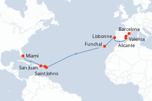 carte itinéraire croisière Transatlantique 17 jours au départ du port de Barcelone