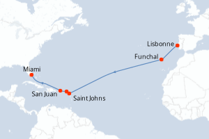 carte itinéraire croisière Caraïbes Bahamas 13 jours au départ du port de Lisbonne