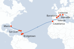 carte itinéraire croisière Transatlantique 21 jours au départ du port de Livourne