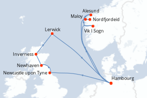 carte itinéraire croisière Fjörds norvégiens 14 jours au départ du port de Hambourg