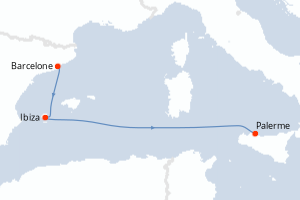 Carte de l'itinéraire de croisière Barcelone-Palerme d'une durée de 3 jours