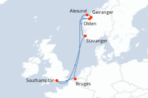 carte itinéraire croisière Fjörds norvégiens 8 jours au départ du port de Southampton