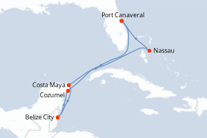 carte itinéraire croisière Caraïbes Bahamas 7 jours au départ du port de Port Canaveral