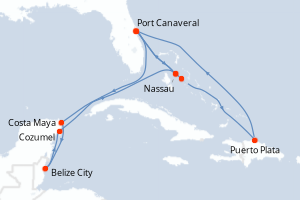carte itinéraire croisière Caraïbes Bahamas 14 jours au départ du port de Port Canaveral