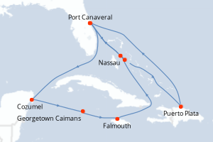 carte itinéraire croisière Caraïbes Bahamas 14 jours au départ du port de Port Canaveral
