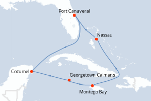 Carte de l'itinéraire de croisière Port Canaveral-Port Canaveral d'une durée de 7 jours