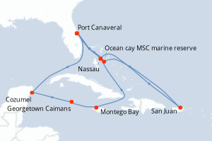 carte itinéraire croisière Caraïbes Bahamas 14 jours au départ du port de Port Canaveral