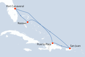 Carte de l'itinéraire de croisière Port Canaveral-Port Canaveral d'une durée de 7 jours